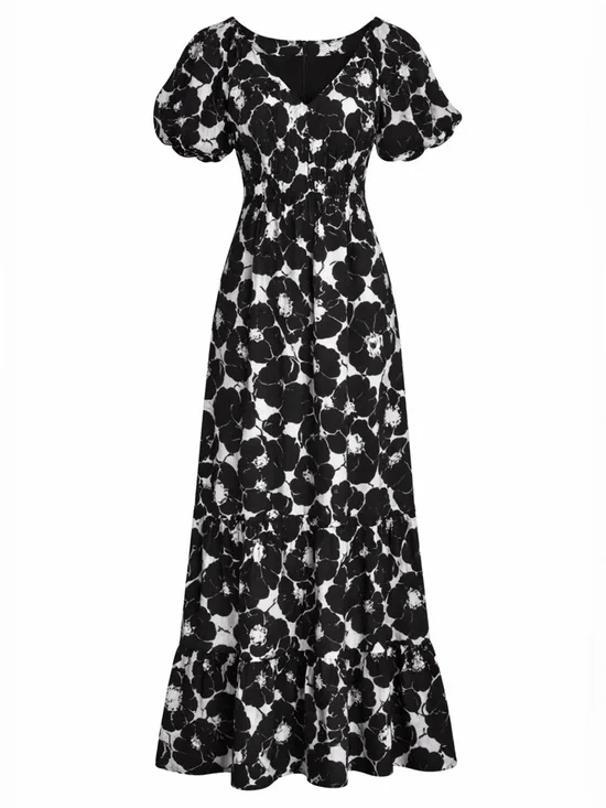 Black & White Floral Maxi Dress V-Neck Bubble Sleeve Ruffle Hem | XS | Nine West - Picture 1 of 4